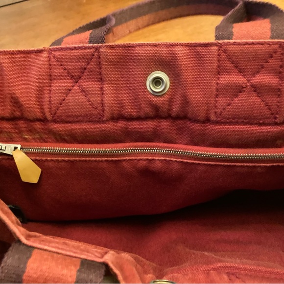 Hermes small luxury canvas tote bag handles in red with blue stripe accent - Picture 5 of 9